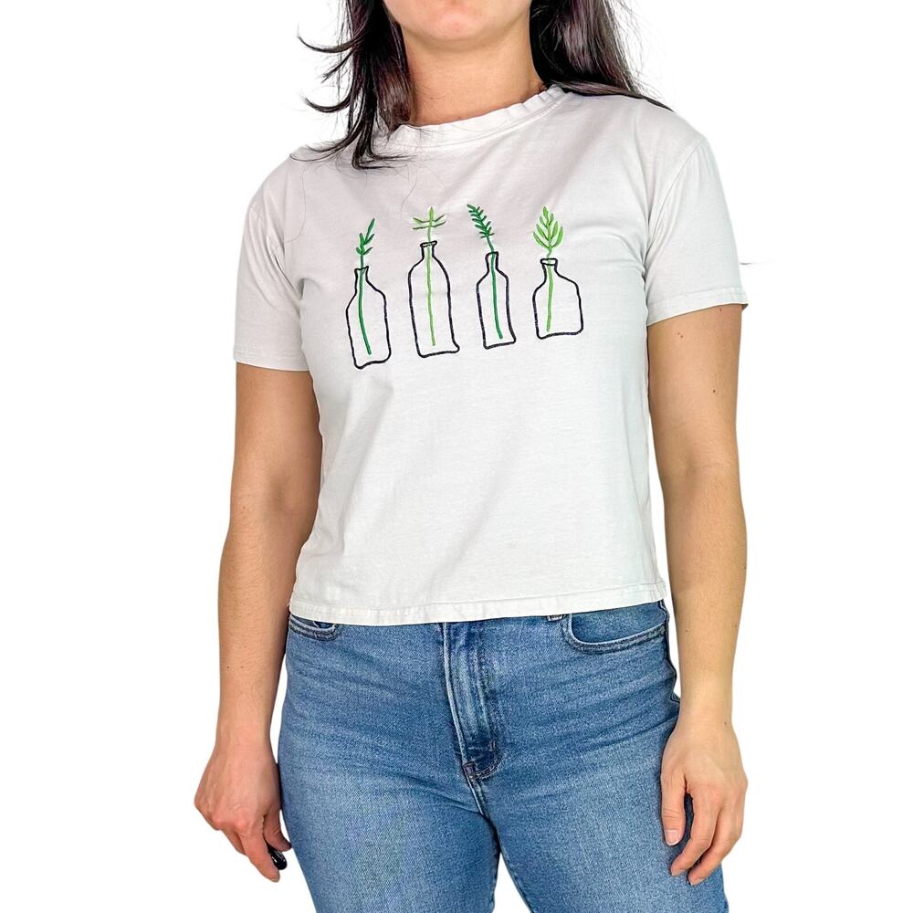 Off White Embroidered Green Plant Short Sleeve Tee